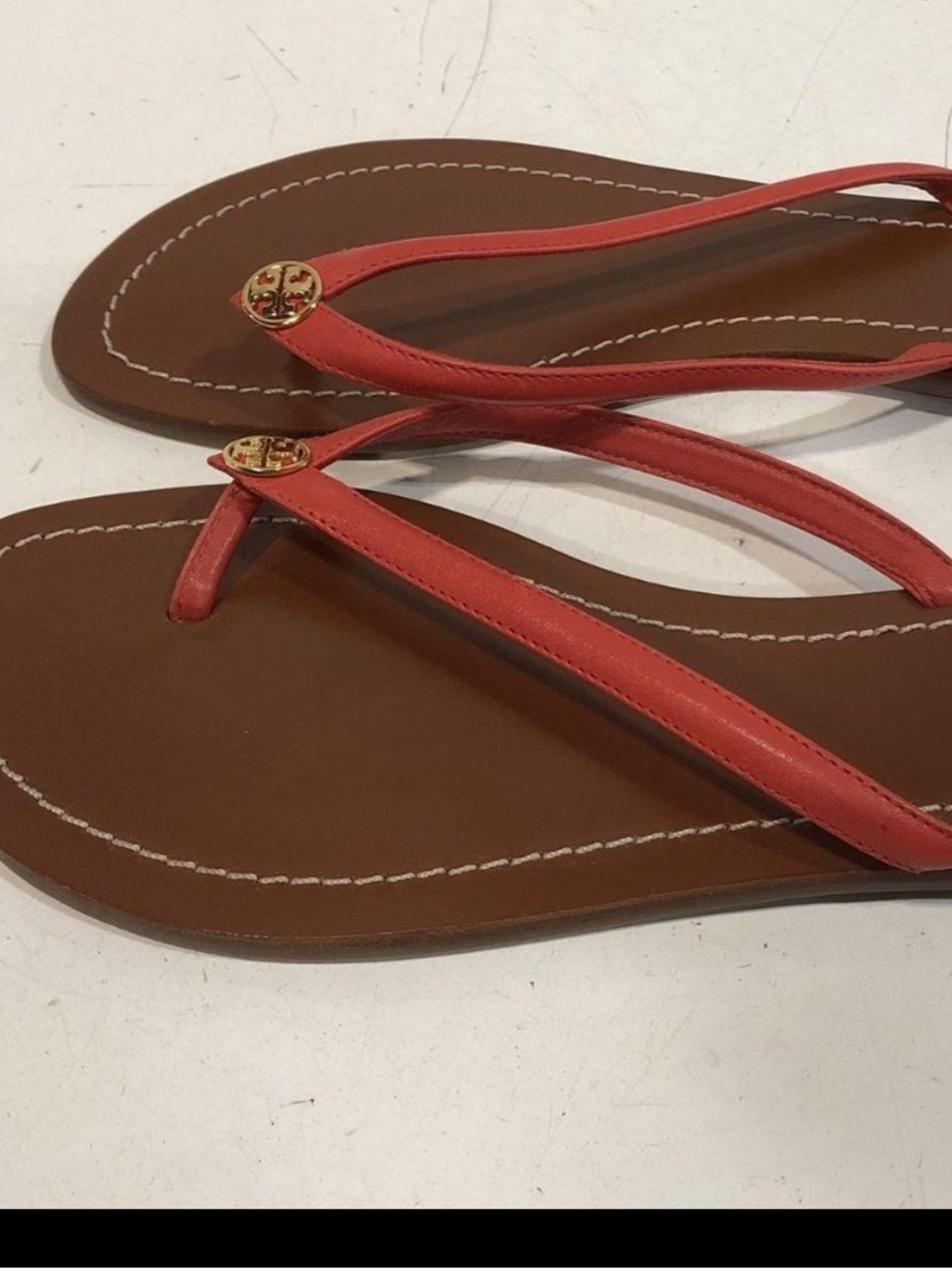 Women’s Tory Burch Terra Thong Coral-Red Leather Logo Flip Flops Size 10M